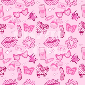Y2k Retro Lips and Checkered Daisy Seamless Pattern Files for Girly Pink Fabric Printing Sublimation Custom Fabric Design