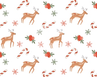 Reindeer and Candy Cane with Berry Seamless Pattern for Christmas Fabric Printing Sublimation, Sublimation File, Surface Design