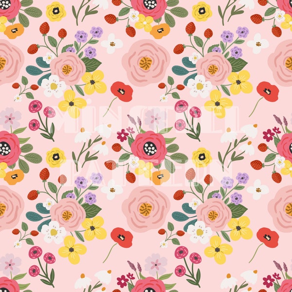 Spring Strawberry Flower Bouquet Seamless Pattern Files for Fabric Printing Sublimation, Summer Floral Surface Design Digital Papers