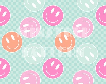 Retro Checkered Orange and Pink Happy Face Seamless Pattern for Fabric Printing Sublimation, Surface Design, Fabric Design, Digital File
