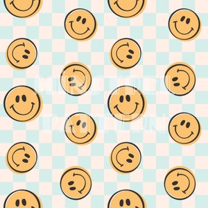 Retro Vintage Happy Face with Check Seamless Pattern Files for Boys Fabric Sublimation Printing Custom Fabric Design File