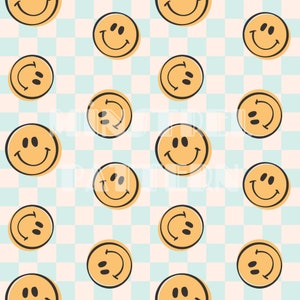 Retro Vintage Happy Face with Check Seamless Pattern Files for Boys Fabric Sublimation Printing Custom Fabric Design File