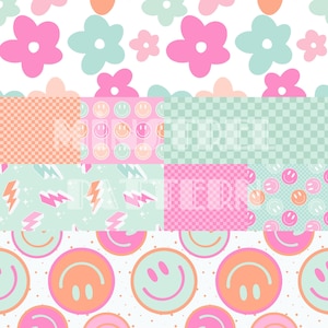 May include: A set of 10 digital paper patterns featuring various designs, including pink and green flowers, smiley faces, checkered patterns, and lightning bolts. The patterns are ideal for scrapbooking, digital planners, and other creative projects.