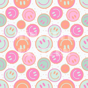 Retro Groovy Pink, Blue, Orange Happy Face Seamless Pattern Files for Custom Fabric Printing Hand Made Project, Vintage Face Digital Papers