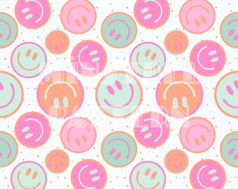 Retro Groovy Pink, Blue, Orange Happy Face Seamless Pattern Files for Custom Fabric Printing Hand Made Project, Vintage Face Digital Papers