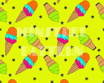 Helado con archivos de patrones sin costuras de estrella para impresión de sublimación de tela de verano de neón Archivo de diseño de tela personalizado, patrón de superficie de natación segura
