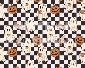 Puede incluir: Un patrón repetido con fantasmas de dibujos animados, calabazas y mariposas sobre un fondo a cuadros blanco y negro. Los fantasmas sostienen tazas de café, cámaras y libros. Las calabazas están talladas con caras sonrientes.