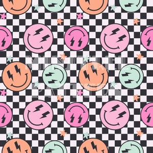 Thunder Happy Face Seamless Pattern, Checkered Fabric Printing Sublimation, Groovy Custom Fabric Design File Digital Paper