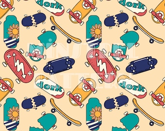 Retro Skateboard Seamless Pattern Files for Boys Fabric Printing Sublimation Custom Fabric Design