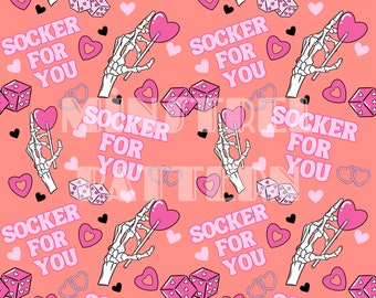 Socker for You Seamless Pattern, Skull with Heart Candy Fabric Printing Sublimation, Love Dice Custom Fabric Design File, Heart Jpeg