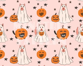 Cute Ghost Dog with Pumpkin Seamless Pattern Files for Halloween Custom Fabric Printing Sublimation File