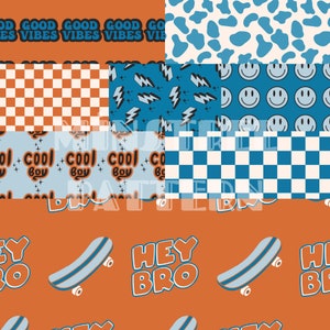 Boy Blue and Orange Checkered, Animal Print, Hey Bro and Skateboard, Cool Boy, Good Vibes, Thunder, and Happy Face Seamless Pattern Bundle