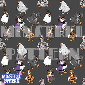 May include: A seamless repeating pattern on a dark gray background featuring cartoon ducks in various Halloween costumes including ghosts, mummies, skeletons, witches, and pumpkins. The text MINSTREL PATTERN is visible in the lower left corner.