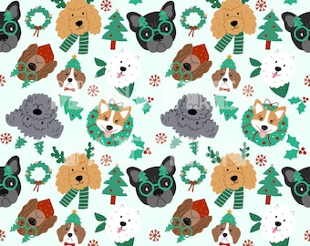 Christmas Dogs and Mistletoe Seamless Pattern for Christmas Fabric Printing Sublimation, Sublimation File, Surface Design