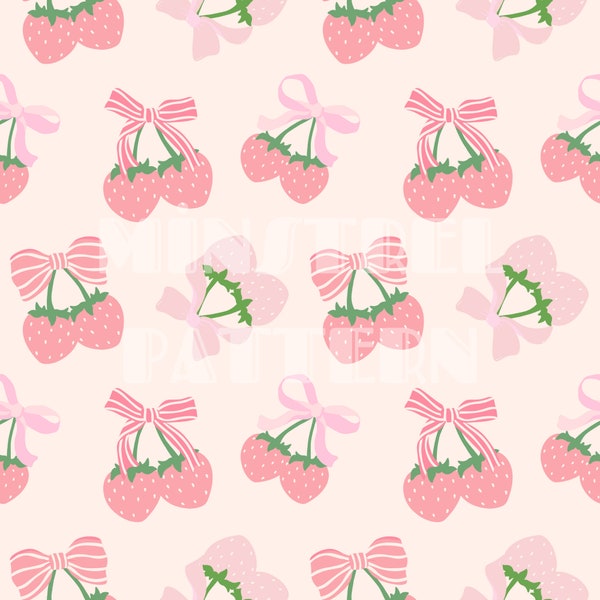 Pink Strawberry Bows Seamless Pattern Files for Girly Coquette Fabric Sublimation Printing Custom Digital Papers Fabric Design