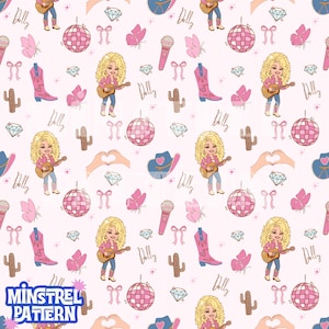 May include: A repeating pattern on a light pink background featuring illustrations of a blonde woman playing a guitar, pink cowboy boots, disco balls, microphones, diamonds, butterflies, cacti, bows, blue cowboy hats, and the script text Dolly.