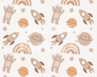 Archivos de patrones sin fisuras del espacio animal del vivero para la sublimación de impresión de telas, papel digital personalizado de diseño de tela Boho Space Planet