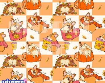 Cozy Corgi Fall Seamless Pattern, Checkered Autumn Fabric Printing (Digital Download)