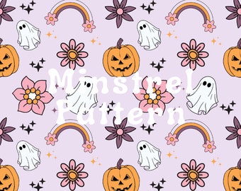 Ghost, Pumpkin, Rainbow and Flowers Halloween Seamless Pattern Files for Purple Fabric Custom Printing