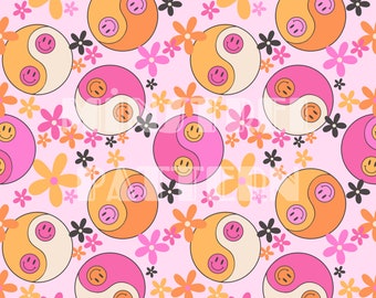 Groovy Smile Face Ying Yang with Retro Daisy Seamless Pattern Files for Fabric Printing Custom Fabric Design Sublimation File