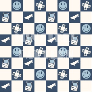 Happy Face with Game and Skateboard Seamless Pattern Files for Checkered Fabric Sublimation Printing Digital Paper File