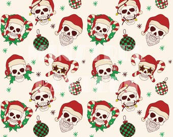 Creepy Christmas Seamless Pattern Files, Christmas Skulls and Check Ball Seamless Pattern for Fabric Printing Sublimation Printable Paper