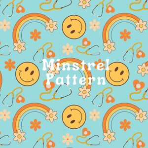 May include: A seamless pattern featuring a rainbow, smiley faces, flowers, and stethoscopes on a light blue background. The text "Minstrel Pattern" is in white.