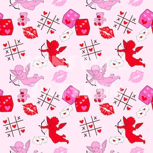 Patrón sin costuras de labios y corazón de Cupido XOXO para el día de San Valentín para impresión de tela por sublimación, archivo de sublimación, diseño de superficie