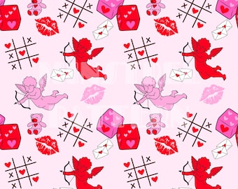 Patrón sin costuras de labios y corazón de Cupido XOXO para el día de San Valentín para impresión de tela por sublimación, archivo de sublimación, diseño de superficie