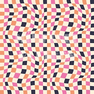 May include: A wavy checkered pattern with alternating squares of black, pink, orange, and cream.