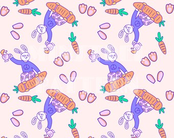 Patrón sin costuras de conejito de skate, sublimación de impresión de tela sin género, archivo de diseño de tela personalizado de Pascua, papeles digitales de zanahoria