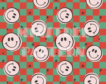 Christmas Retro Vintage Happy Face with Red and Green Check Seamless Pattern Files for Fabric Sublimation Printing Custom Fabric Design File