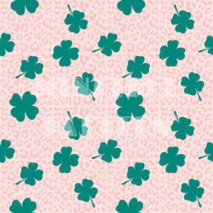 May include: A seamless pattern featuring teal four-leaf clovers on a pink background with a leopard print pattern.
