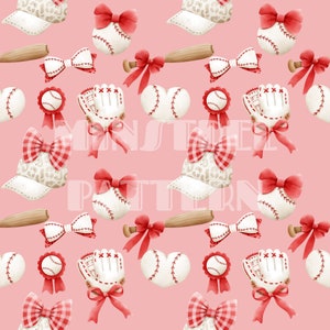 Coquette Baseball Bows Seamless Pattern Files, Baseball Girl Fabric Sublimation Printing Custom Fabric Design File