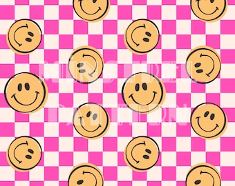 Retro Vintage Happy Face with Neon Pink Check Seamless Pattern Files for Safe Swim Fabric Sublimation Printing Custom Fabric Design File