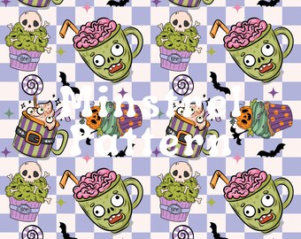 Halloween Horror and Cute Muffin and Monster Mug Seamless Pattern Files for Fabric Printing Sublimation Design File