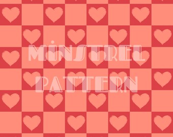 Red and Soft Orange Checkered with Heart Seamless Pattern Files for Valentines Day Love Fabric Sublimation Printing Digital Paper File