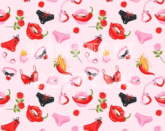May include: A repeating pattern on a light pink background featuring red bras, black and red lace panties, pink underwear, red chili peppers with flames, pink heart-shaped handcuffs, red and pink roses, and lips biting red chili peppers.