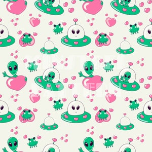 Motif extraterrestre sans couture groovy, impression de tissu Space Love par sublimation, fichier de conception de tissu personnalisé Frog Love, papiers numériques vert et rose