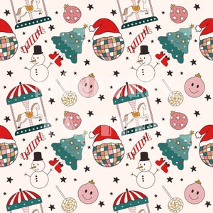 May include: A seamless pattern featuring a variety of Christmas-themed illustrations, including a carousel with a horse, a Christmas tree, a snowman, a candy cane, a lollipop, a Santa hat, a Christmas bauble, and stars on a light pink background.