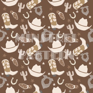 May include: A seamless pattern featuring cowboy boots, hats, cacti, horseshoes, and stars on a brown background. The pattern is in shades of brown, beige, and white.