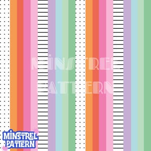 Puede incluir: Un patrón digital repetitivo con rayas verticales en naranja, rosa, lavanda, azul claro y verde, intercaladas con columnas blancas que contienen puntos negros y líneas horizontales negras, con el texto MINSTREL PATTERN.