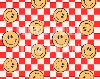 Happy Face Red Seamless Pattern Files, Checkerboard Colorful Fabric Sublimation Printing Custom Fabric Design File