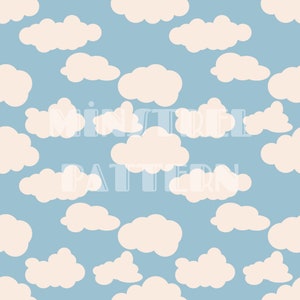 Peut inclure: Un motif sans couture représentant des nuages blancs sur un fond bleu clair. Les nuages sont de différentes tailles et formes, créant un design fantaisiste et aérien.