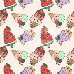 May include: A seamless pattern featuring various cartoon ice cream treats, including watermelon popsicles, ice cream cones, and cupcakes. The treats have cute faces and are decorated with sprinkles, chocolate sauce, and fruit.