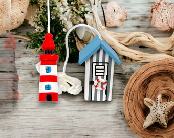 Nautical Themed Wooden Beach Hut and Light House Cord Pulls Bathroom Decor