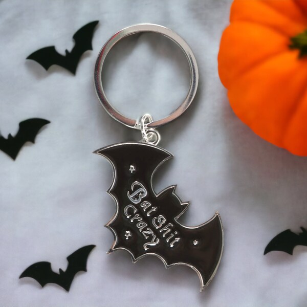 Bat Shit Crazy Metal Enamelled Keyring Offensive Gift Novelty Witch Goth