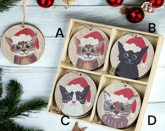 Wooden Christmas Cats in Hats Christmas Tree Decoration