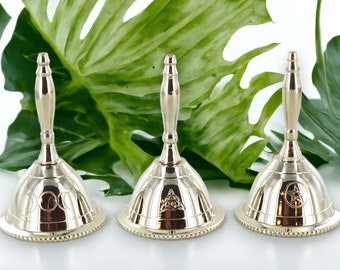 Miniature Altar Bells 7cm Meditation Ceremonial Pagan Triple Moon Pentacle Triquetra