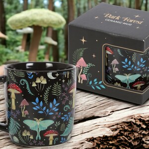 Dark Forest Boxed Ceramic Mug - Cottagecore fairycore Luna Moth Mushrooms Mystical Magical